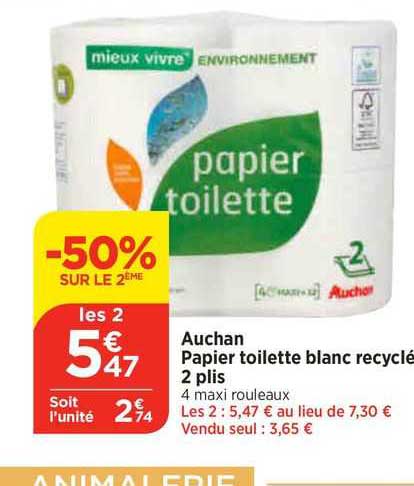 auchan papier toilette blanc recyclé 2 plis
