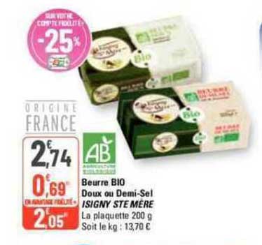beurre bio deux ou demi-sel isigny ste mère