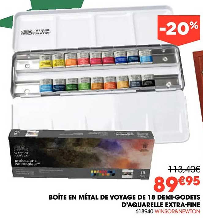 boîte en métal de voyage de 18 demi-godets d'aquarelle extra-fine