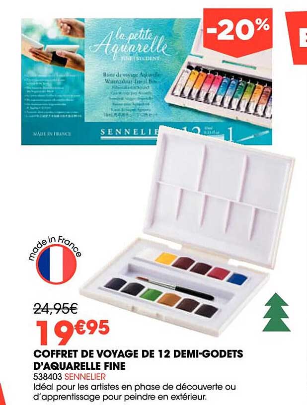 coffret de voyage de 12 demi-godets d'aquarelle fine