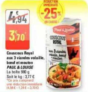 couscous royal aux 3 viandes volaille, bœuf et mouton paul & louise