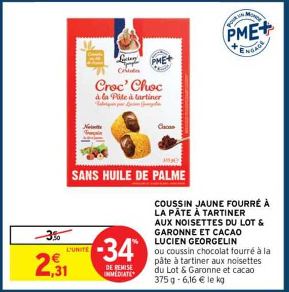 coussin jaune fourré à la pâte à tartiner aux noisettes du lot & garonne et cacao lucien georgelin