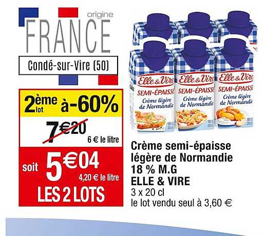 crème semi-épaisse légère de normandie 18% m.g. elle & vire