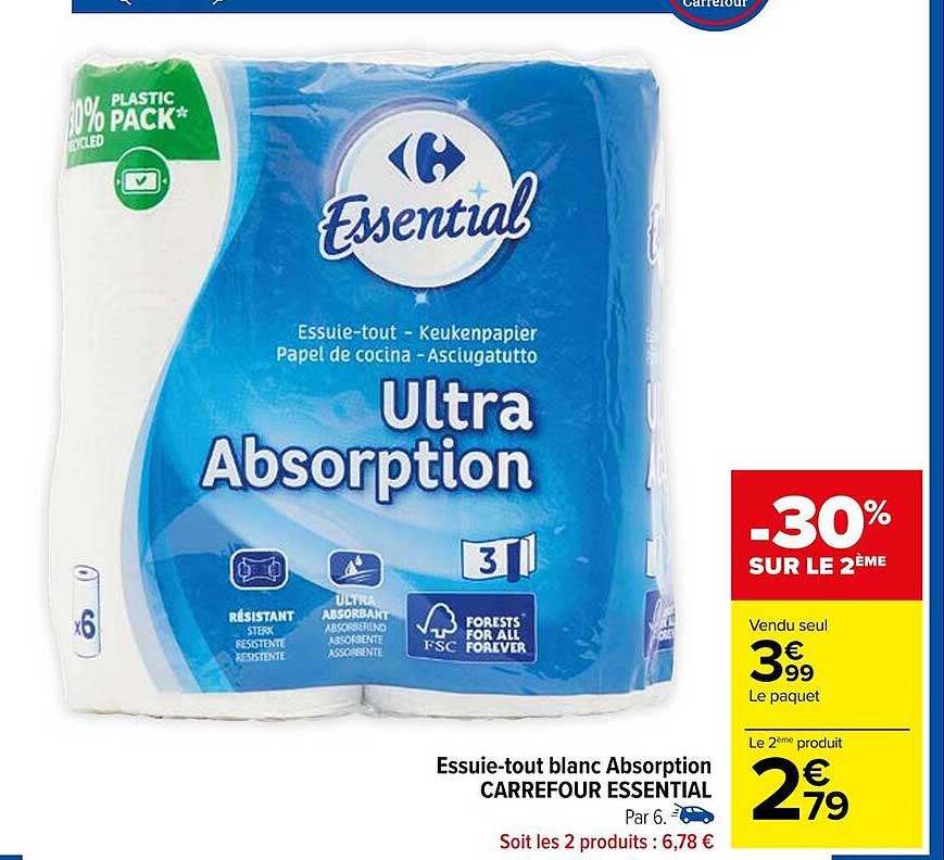 essuie-tout blanc absorption carrefour essential