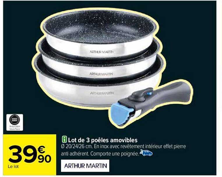 lot de 3 poêles amovibles arthur martin