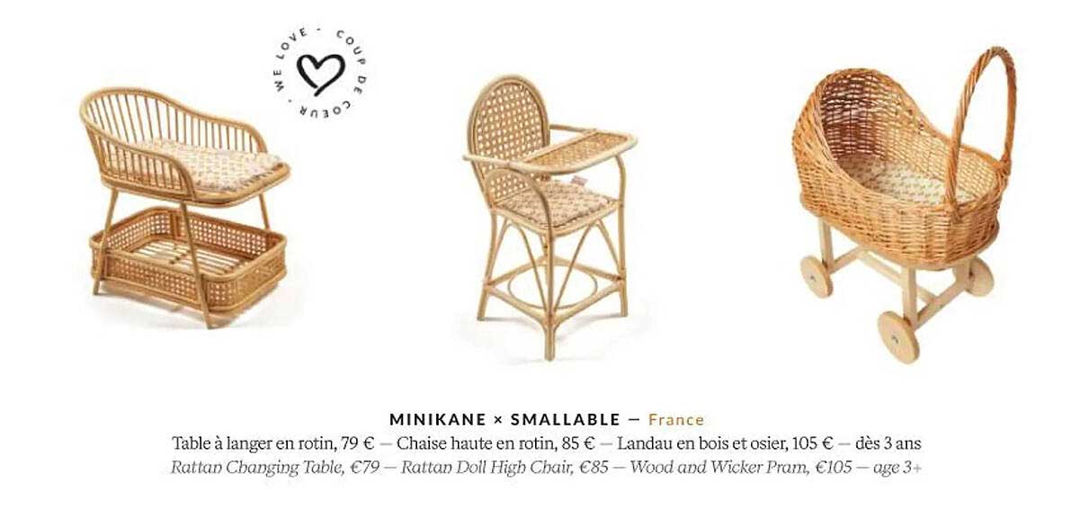 minikane x smallable table à langer en rotin, chaise haute en rotin