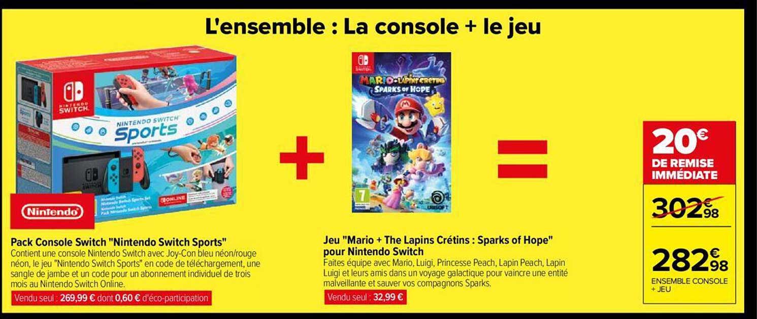 pack console switch "nintendo switch sports" + jeu "mario + the lapins crétins : sparks of hope" pour nintendo switch