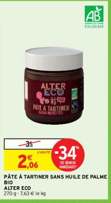 pâte à tartiner sans huile de palme bio alter eco