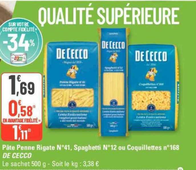 pâte penne rigate n°41, spaghetti n°12 ou coquillettes n°168 de cecco