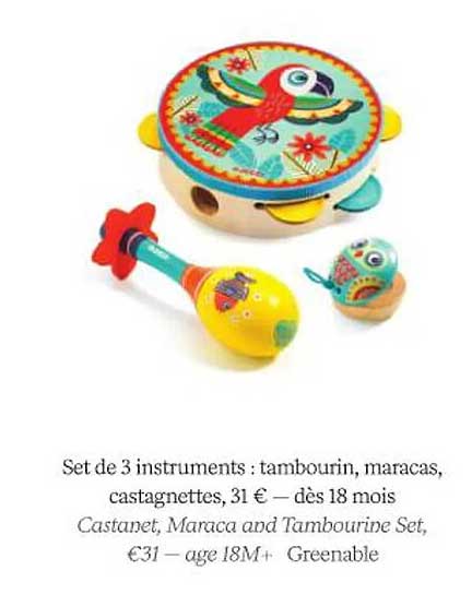 set de 3 instruments : tambourin, maracas, castagnettes