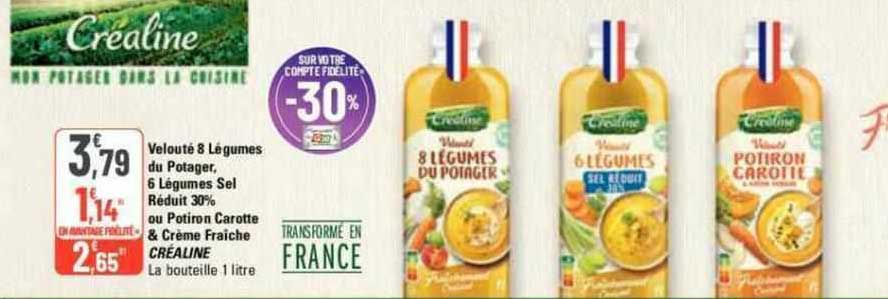 velouté 8 légumes du potager, 6 légumes sel réduit 30% ou potiron carotte & crème fraîche créaline