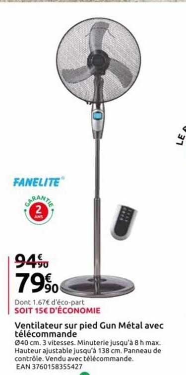 ventilateur sur pied gun métal avec télécommande fanelite