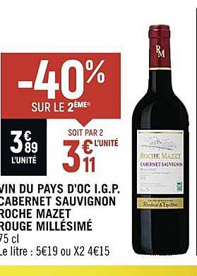 vin du pays d'oc i.g.p cabernet sauvignon roche mazet rouge millésimé