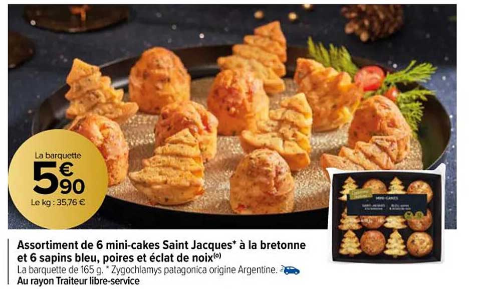 assortiment de 6 mini-cakes saint jacques à la bretonne et 6 sapins bleu, poires et éclat de noix