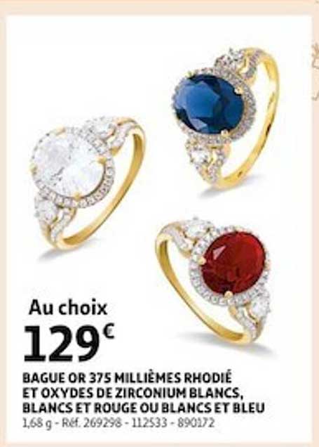 bague or 375 millième rhodié et oxydes de zirconium blancs, blancs et rouge ou blancs et bleu