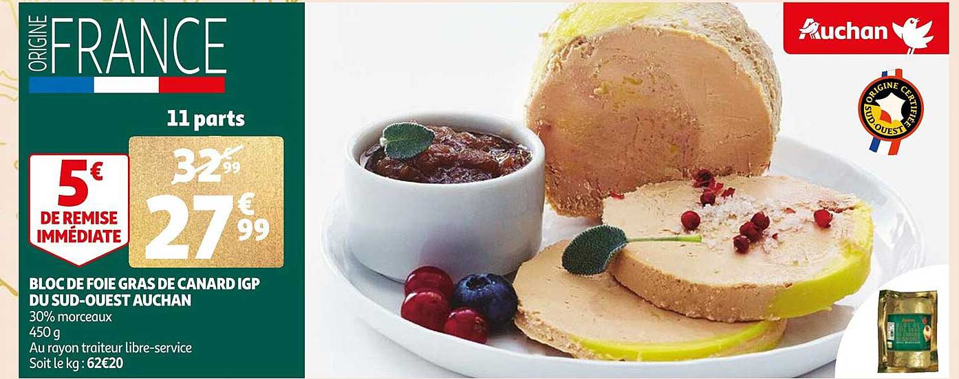 bloc de foie gras de canard igp du sud-ouest auchan
