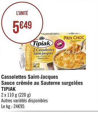 Cassolettes Saint-jacques Sauce Crémée Au Sauterne Surgelées Tipiak