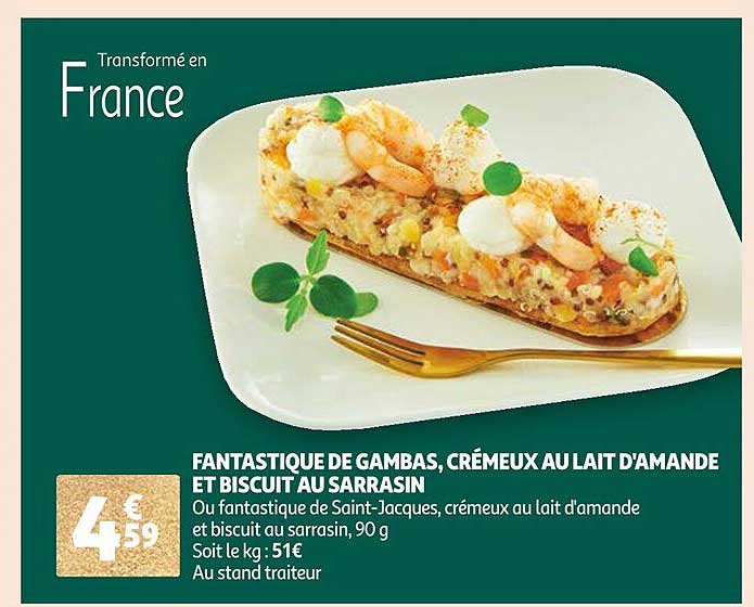 fantastique de gambas, crémeux au lait d'amande et biscuit au sarrasin