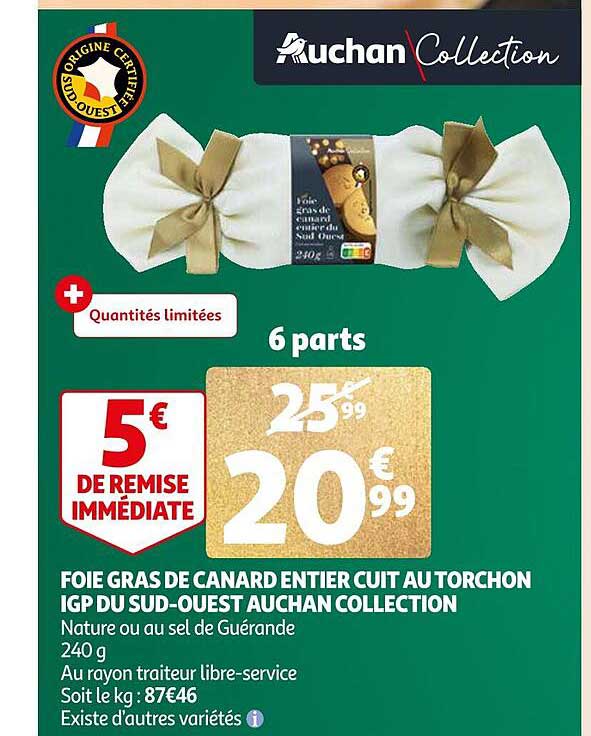 foie gras de canard entier cuit au torchon igp du sud-ouest auchan collection