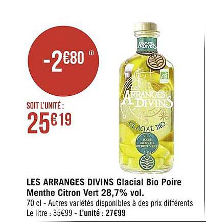 les arrangés divins glacial bio poire menthe citron vert 28,7% vol.