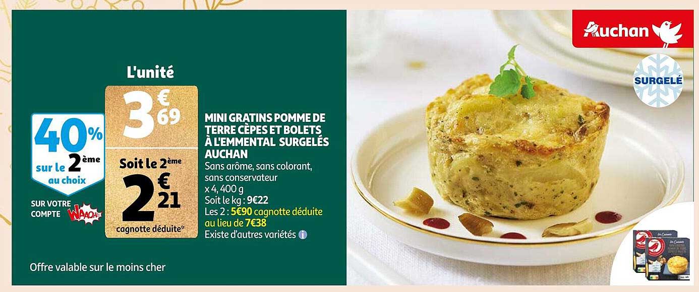 mini gratins pomme de terre cèpes et bolets à l'emmental surgelés auchan