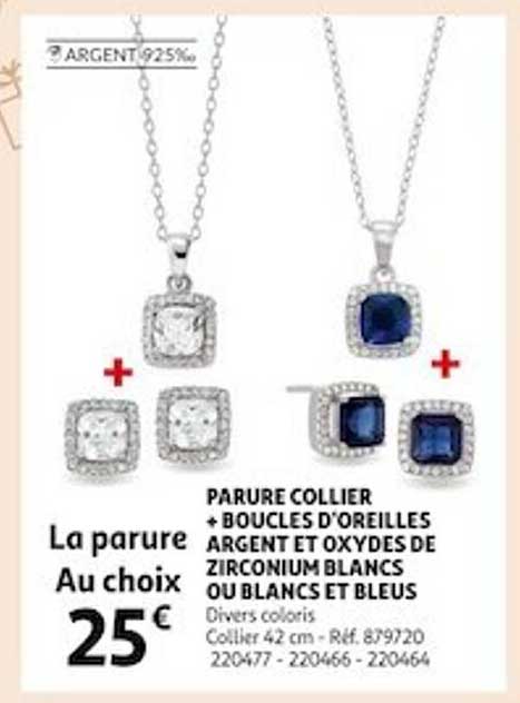 parure collier + boules d'oreilles argent et oxydes de zirconium blancs ou blancs et bleus
