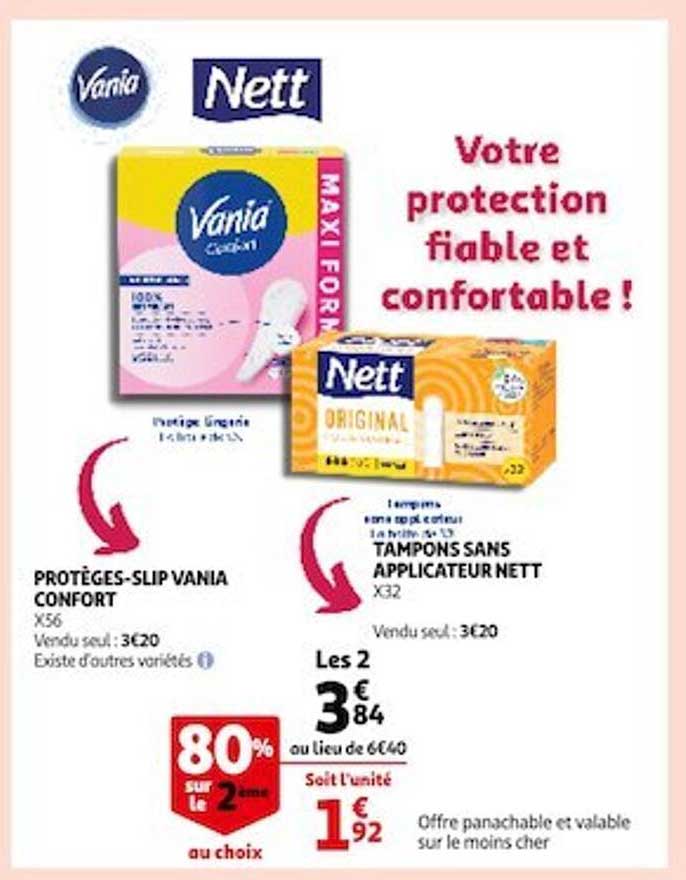 protèges-slip vania confort, tampons sans applicateur nett