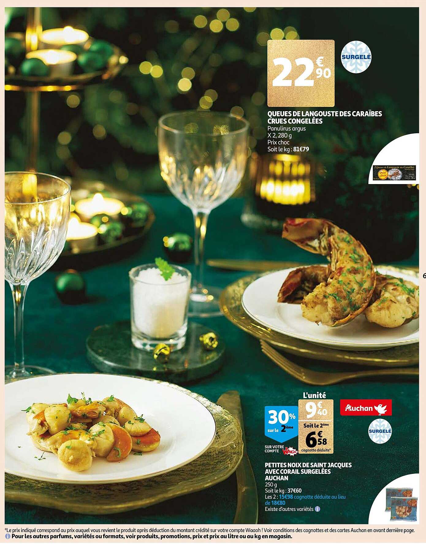 queues de langouste des caraïbes crues congelées, petites noix de saint jacques avec corail surgelées auchan