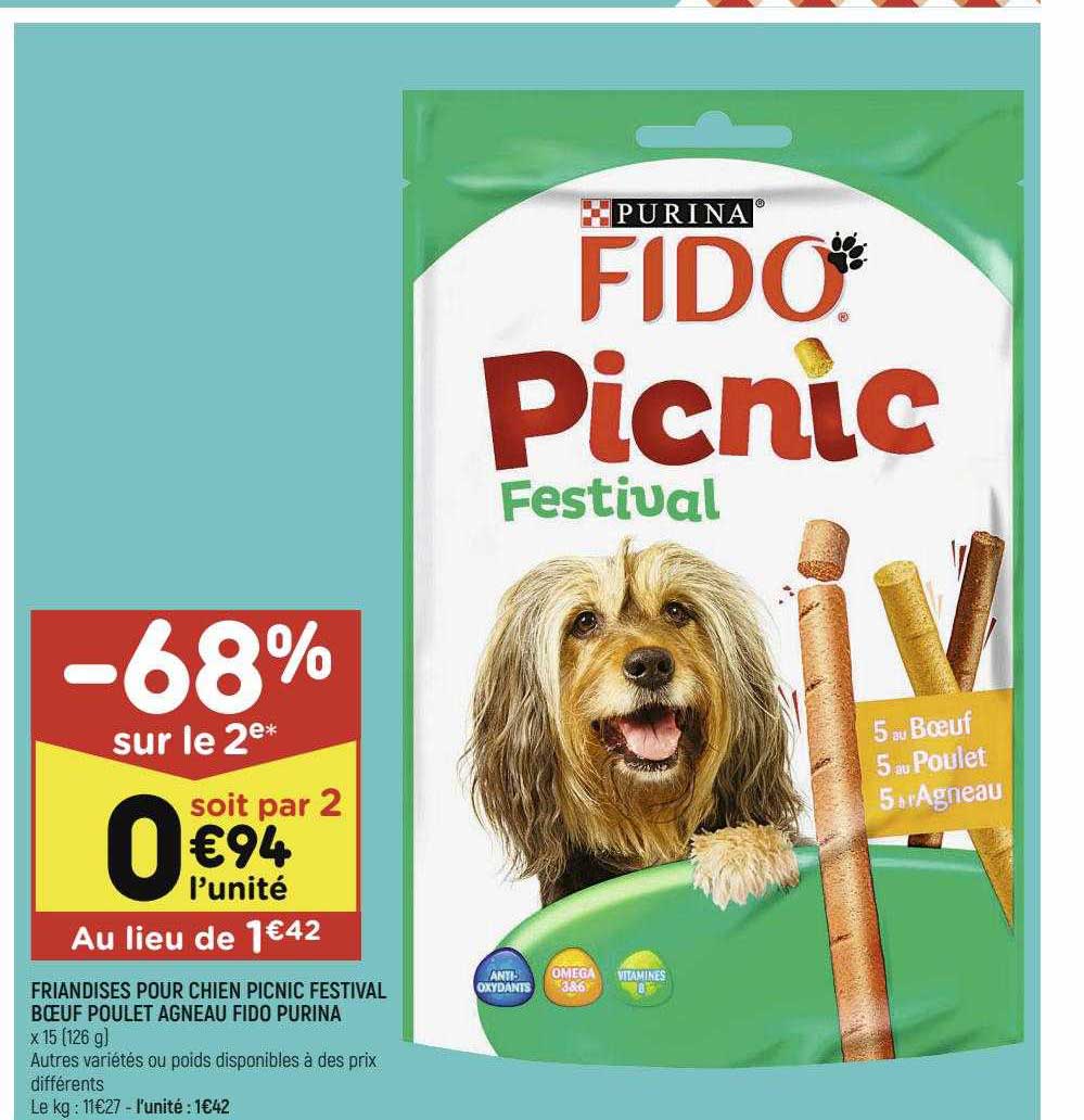 friandises pour chien picnic festival boeuf poulet agneau fido purina
