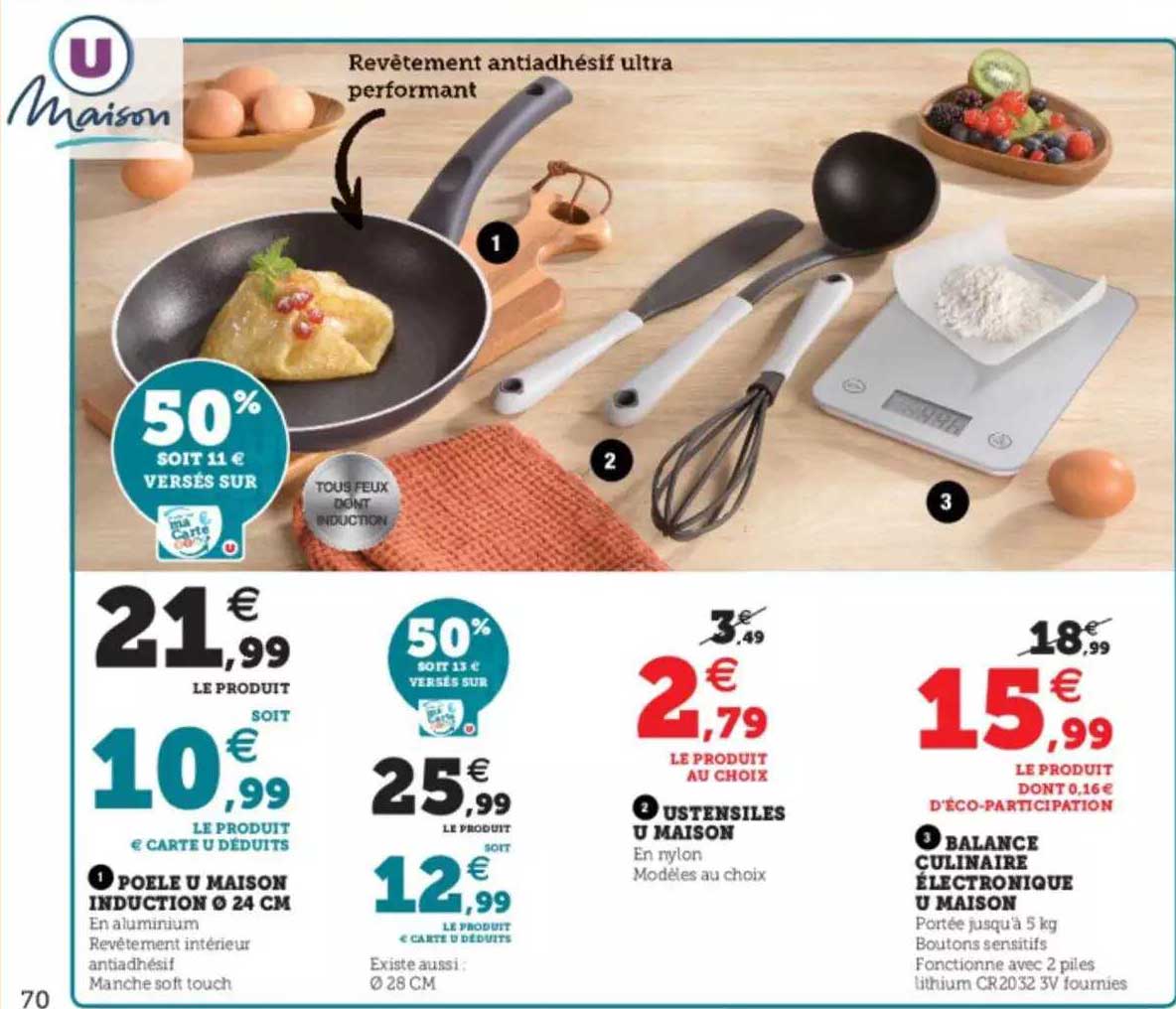 poêle u maison induction ø 24 cm, ustensiles u maison, balance culinaire électronique u maison