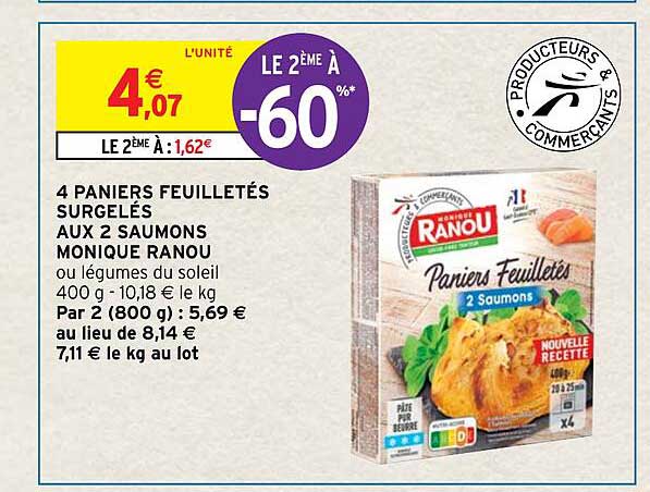 4 paniers feuilletés surgelés aux 2 saumons monique ranou