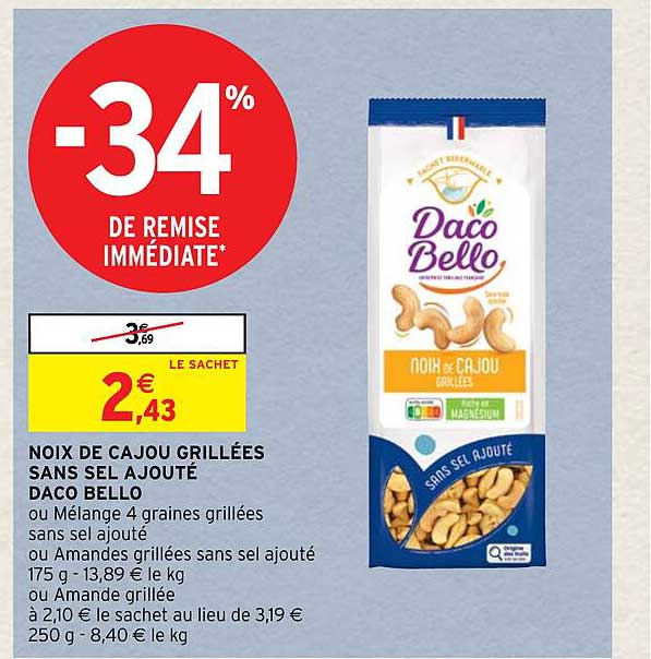 noix de cajou grillées sans sel ajouté daco bello