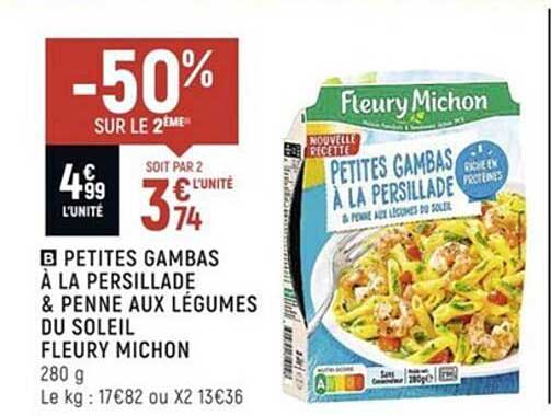 petites gambas à la persillade & penne aux légumes du soleil fleury michon