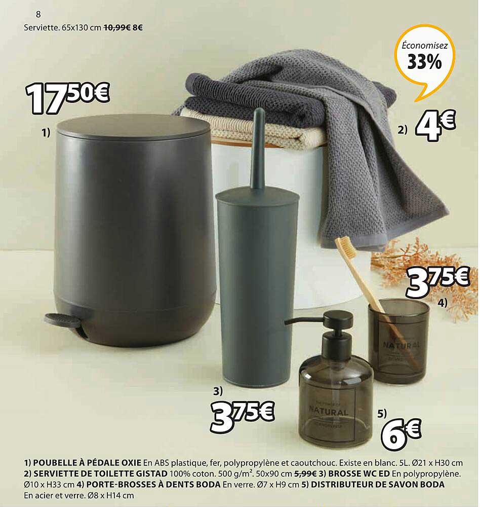 poubelle à pédale oxie, serviette de toilette gistad, brosse wc ed, porte-brosses à dents boda, distributeur de savon boda