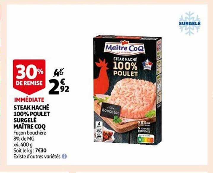steak haché 100% poulet surgelé maître coq