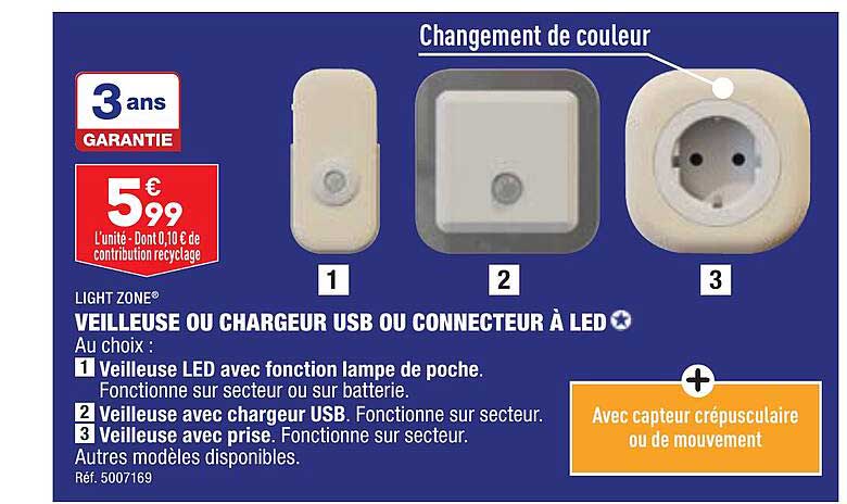 veilleuse ou chargeur usb ou connecteur à led light zone