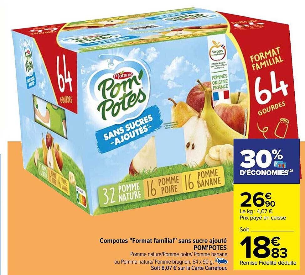 compotes "format familial" sans sucre ajouté pom'potes