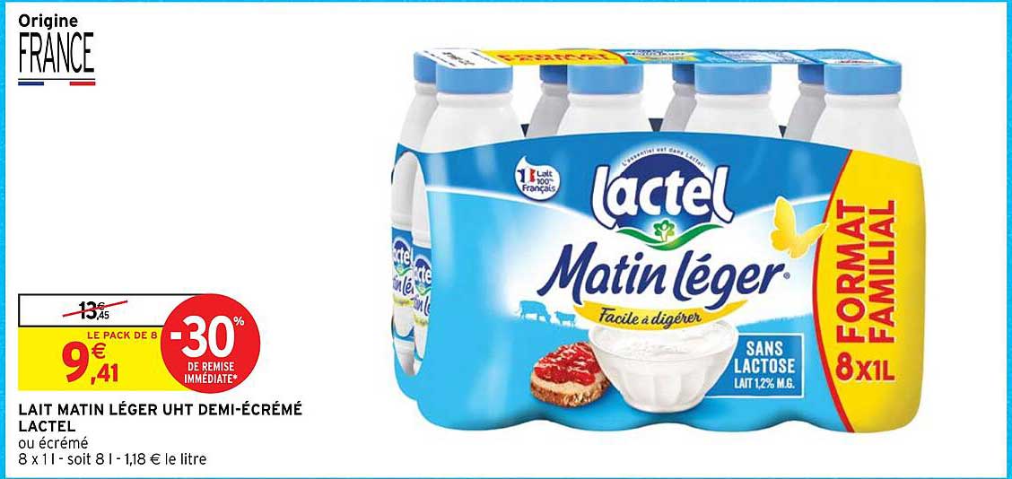 lait matin léger uht demi-écrémé lactel