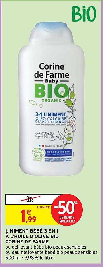 liniment bébé 3 en 1 à l'huile d'olive bio corine de farme