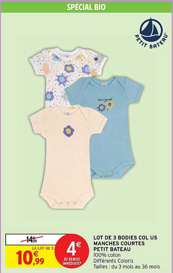 lot de 3 bodies col us manches courtes petit bateau