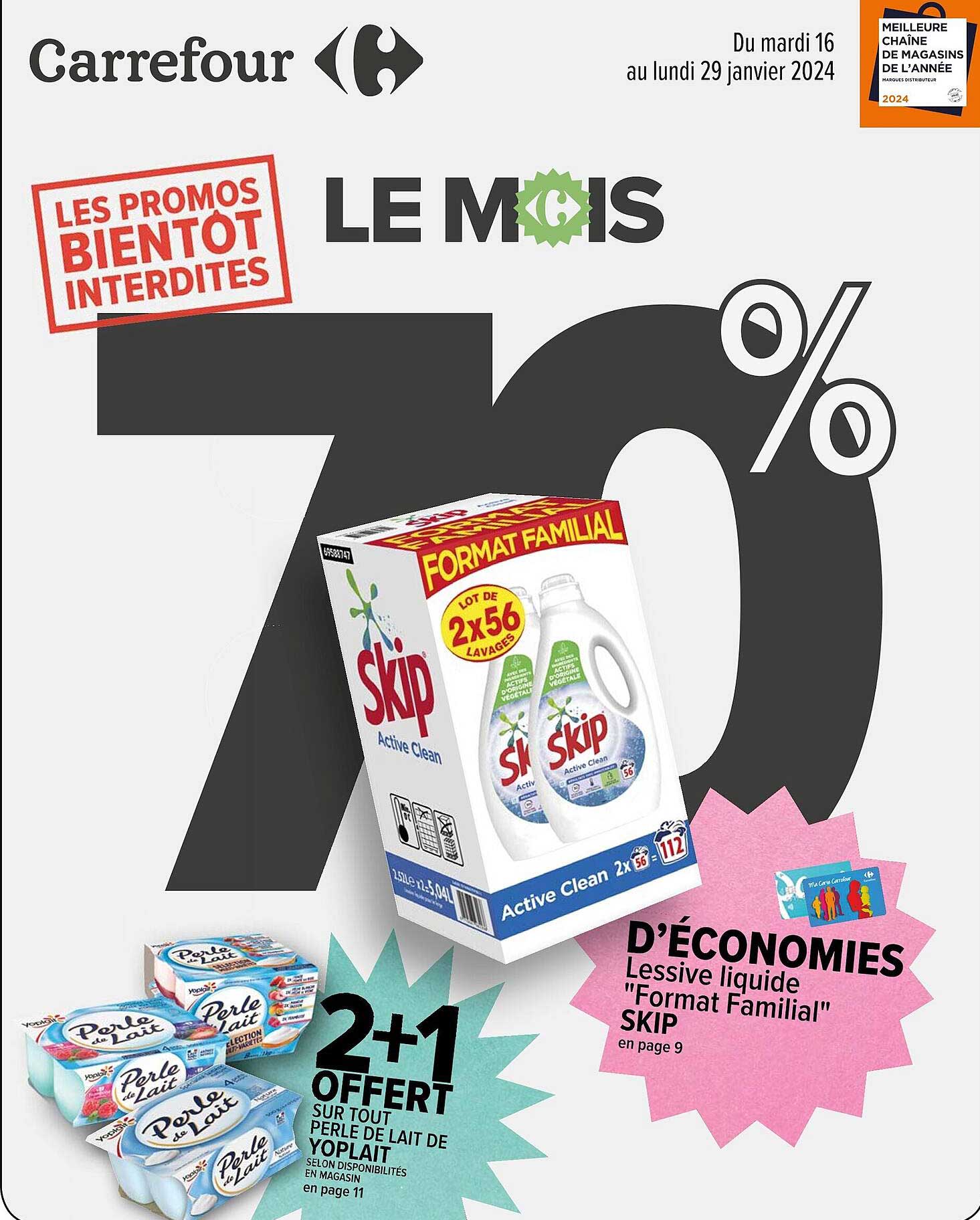 perle de lait de yoplait, lessive liquide "format familial" skip
