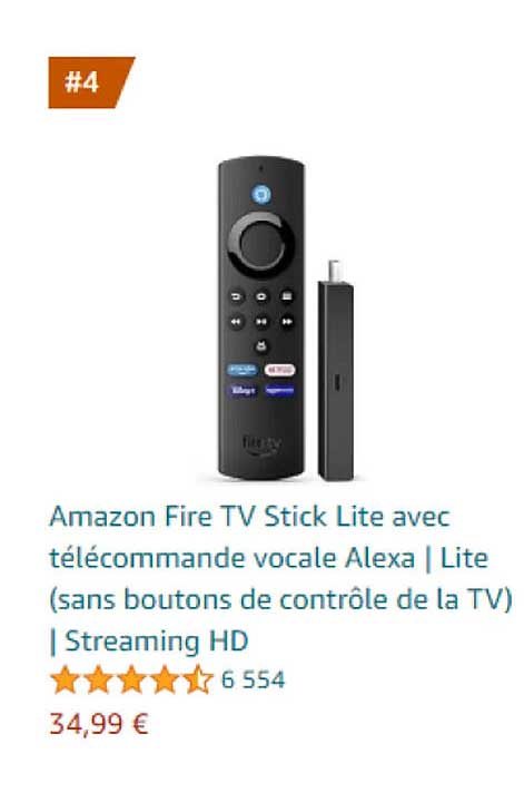 amazon fire tv stick lite avec télécommande vocale alexa/lite (sans boutosn de contrôle de la tv)/streaming hd