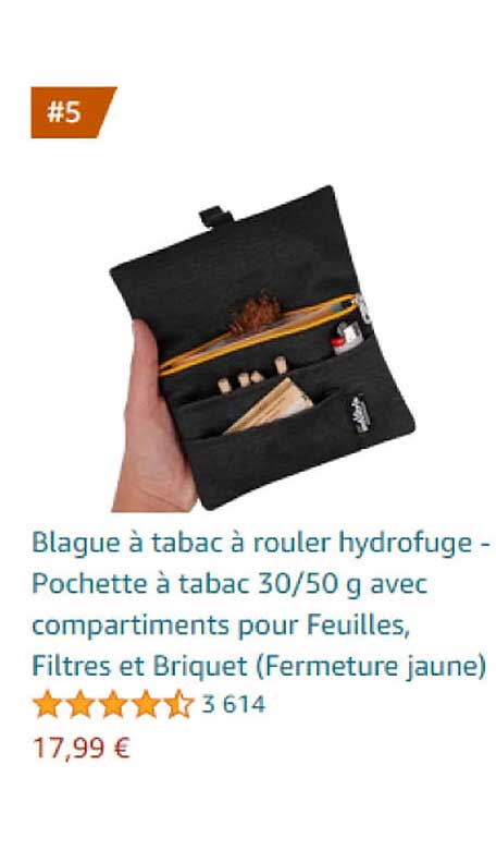 blague à tabac à rouler hydrofuge - pochette à tabac 30/50 g avec compartiments pour feuilles, filtres et briquet (fermeture jaune)