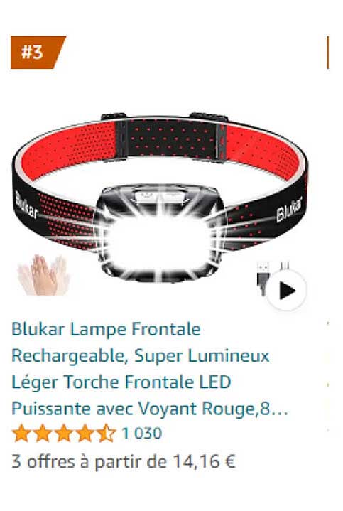 blukar lampe frontale rechargeable , super lumineux léger torche frontale led puissante avec voyant rouge, 8...