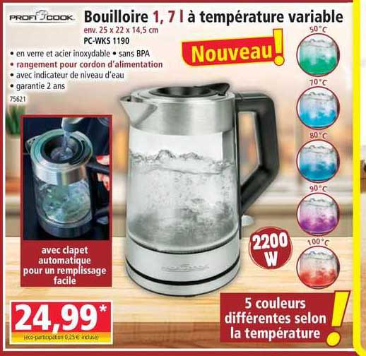 bouilloire 1,7 l à température variable profi cook
