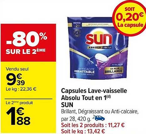 capsules lave-vaisselle absolu tout en 1 sun