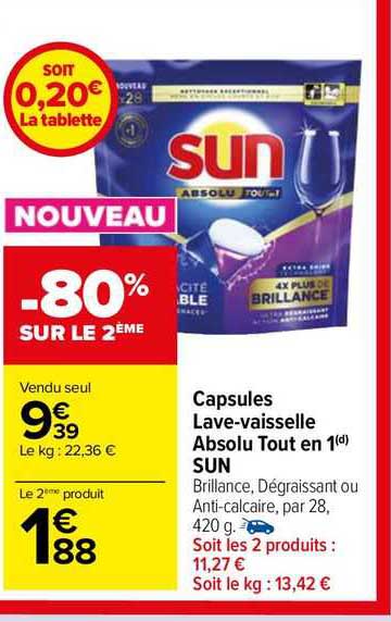 capsules lave-vaisselle absolu tout en 1 sun
