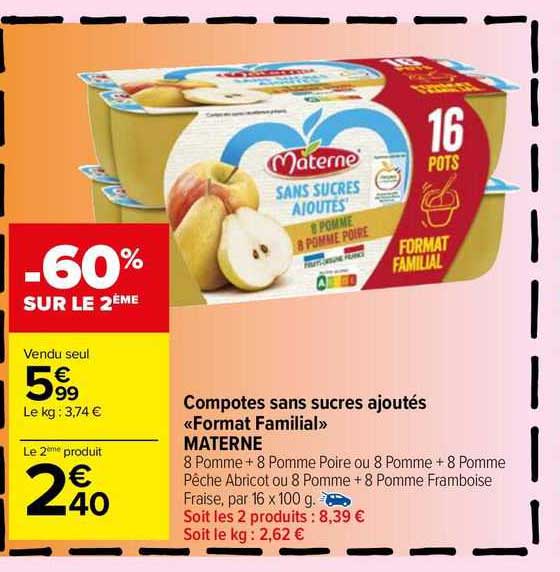 compotes sans sucres ajouté «format familial» materne