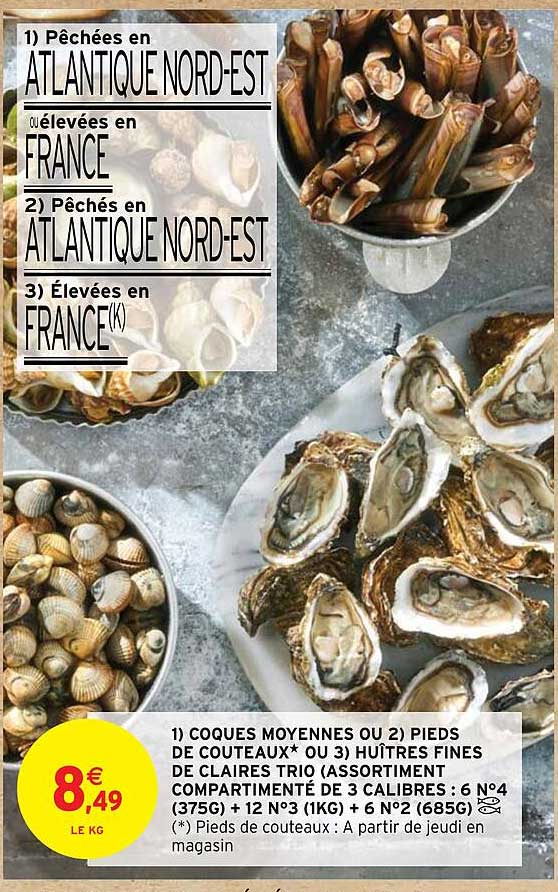 coques moyennes ou pieds de couteaux ou huîtres fines de claires trio (assortiment compartimenté de 3 calibres )