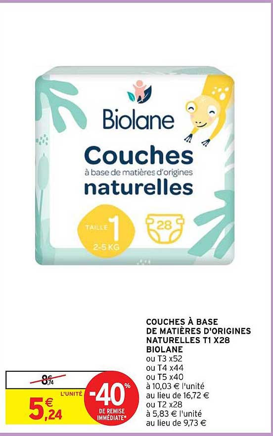 couches à base de matières d'origines naturelles t1 x 28 biolane